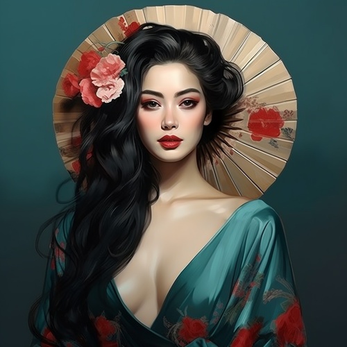 fashion woman of vintage style by oscar, in the style of chinese cultural themes, dreamlike realism, dark teal and light crimson, 32kuhd, cartoon realism, romantic realism ar