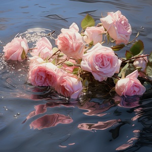 the roses are scattered in the water, in the style of white and pink, site-specific work, photorealistic rendering, orderly arrangements, american tonalist, rendered in maya, photo taken with provia ar 9:16