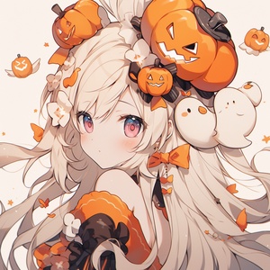 1girl, blonde_hair, bow, chick, earrings, hair_bow, jack-o'-lantern, jewelry, long_hair, manjuu_\(azur_lane\), puffy_sleeves, pumpkin, retro_artstyle, rubber_duck, short_sleeves, signature, solo, upper_body niji 5 ar 9:16，