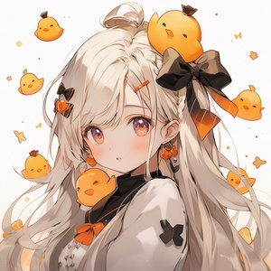 1girl, blonde_hair, bow, chick, earrings, hair_bow, jack-o'-lantern, jewelry, long_hair, manjuu_\(azur_lane\), puffy_sleeves, pumpkin, retro_artstyle, rubber_duck, short_sleeves, signature, solo, upper_body niji 5 ar 9:16，