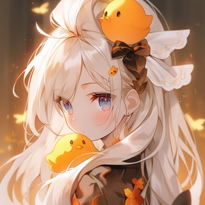 1girl, blonde_hair, bow, chick, earrings, hair_bow, jack-o'-lantern, jewelry, long_hair, manjuu_\(azur_lane\), puffy_sleeves, pumpkin, retro_artstyle, rubber_duck, short_sleeves, signature, solo, upper_body niji 5 ar 9:16，