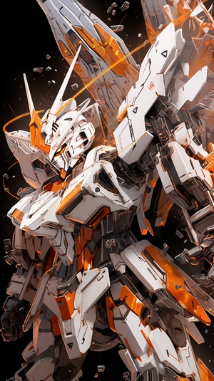 dynamic,photography,,fuji,,long,exposure,,a,white,and,orange,Gundam,mecha,,in,the,style,of,Gundam,,spread,the,wings,,lens,perspective,with,a,sense,of,story,,displayed,in,a,fighting,posture,,dispersion,,feature,article,,studio,environment,,fighting,posture,,octane,rendering,,soft,ambient,light,,with,high-definition,details,,metallic,texture,and,tension,composition,,close-up,niji,5,ar,9:16