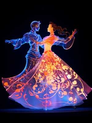 A large colored light display in front of a dancing Chinese couple, blue, orange and white three-layer size, frosted glass form, 32K Ultra HD, chinapunk, point-and-point accuracy, streamlined design, rainbowcore, Photo, photography, soft light, best picture quality, High image quality, High Detail, HD, crazy detail, Ultra HD -ar,57:128