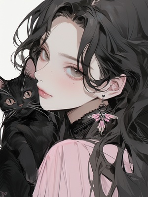 Long haired girl with earrings and black cat, black and pink color scheme, exquisite facial features, clarity, butterfly