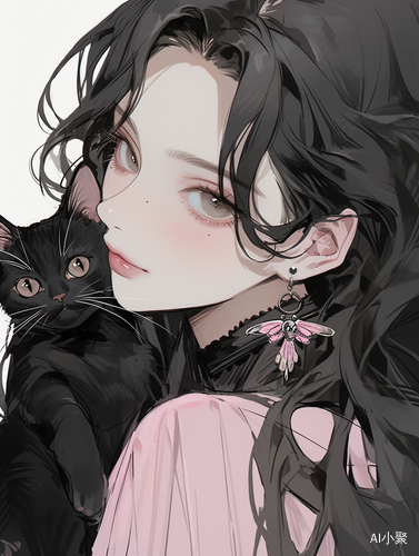 Exquisite Long haired Girl with Black Cat and Butterfly