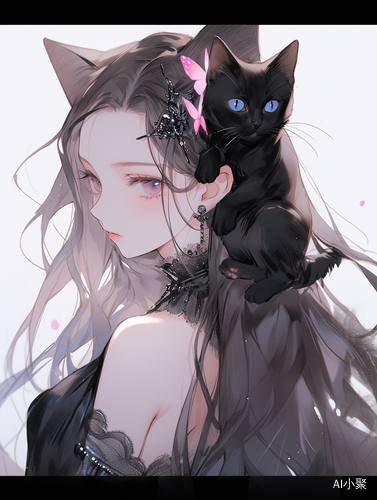 Exquisite Long haired Girl with Black Cat and Butterfly