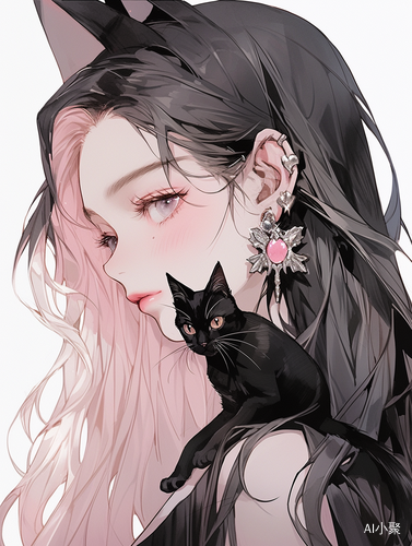 Exquisite Long haired Girl with Black Cat and Butterfly