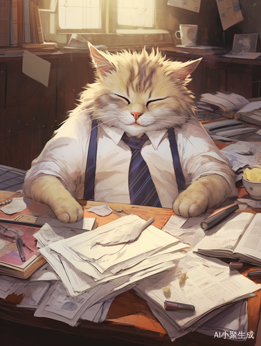 疲劳小猫办公桌前的插画