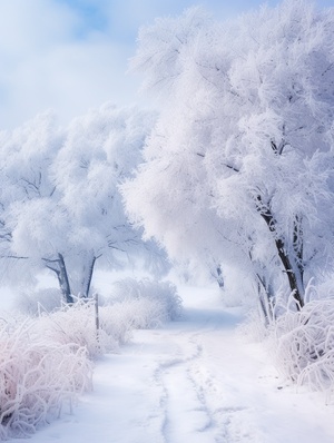 冬天、大雪、铺满地、远山也是厚厚的雪，树木、银装素裹，恢宏，唯美，仙境，诗意，超高清，超分辨率，纪实摄影，大师杰作，