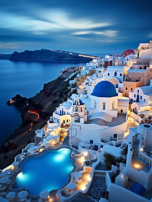 the drone city view of Santorini with the beauty of blue domes set apart starkly from the deep blue water. The ambience is romantic, dusk time, ultra high detail, sharp focus, national geography award winning photo ar 2:3 q 0.5 style raw