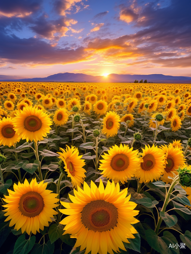 Sunflower Field with Clouds in Romantic Landscape Style