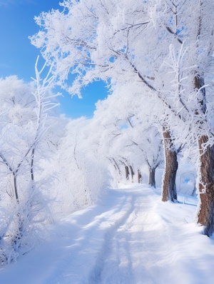 大雪远山，古道大树，恢宏壮丽的银装世界