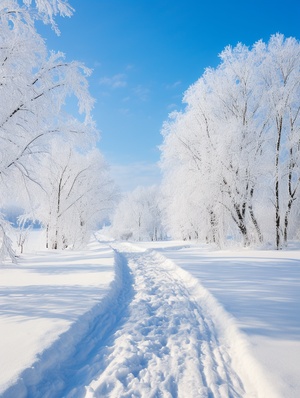 大雪，远山，古道，大树，大雪铺满，银装素裹，独立，一棵树，树枝上雪花，簌簌晶莹剔透，恢宏壮丽，画面干净，无杂乱线条，无杂乱画面，不要人物，不要飞鸟，极简，简单干净，超大广角，超高清，超细节，陈家泠，星汉灿烂，32K，