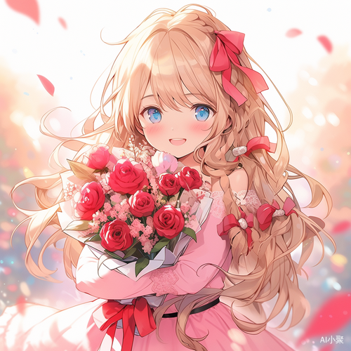 Blonde girl holding a bouquet with pink and red roses