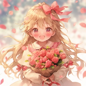 Blonde girl holding a bouquet with pink and red roses