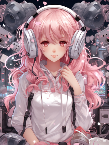 Anime Girl with Accessories in Dark White and Light Pink