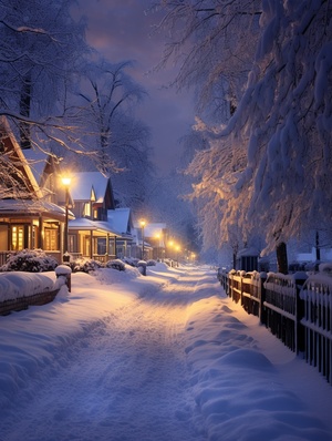 Cinematic in style of David Fincher beautiful snow scape. The village is covered in heavy snow, the bungalows and trees are covered by thick snow. Snowflakes dance in the reflected yellow light of street lamps. heavy snowfall continues to fall. The background is light blue, the perspective is surreal, the angle is super wide angle, the photography is bright and soft, and the artistic conception is beautiful, 4K, high definition, 8K, high definition ar 9:16 style raw stylize 50 v 5.2