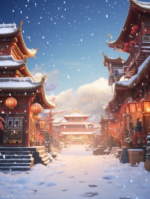 It's snowing. The ground is snow,3d render of big and beautiful asia town scene OhpaBnЛ00TOp0B0nka,in the style of tom whalen, spectacular backdrops, light orange and red, detailed backgrounds,mythological themes, imaginative prison scenes,32k uhd ar 53:83