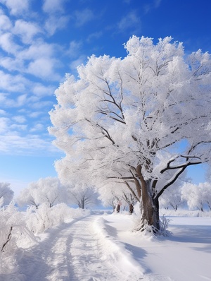 大雪，远山，古道，大树，大雪铺满，银装素裹，独立，一棵树，树枝上雪花，簌簌晶莹剔透，恢宏壮丽，画面干净，无杂乱线条，无杂乱画面，不要人物，不要飞鸟，极简，简单干净，超大广角，超高清，超细节，陈家泠，星汉灿烂，32K，