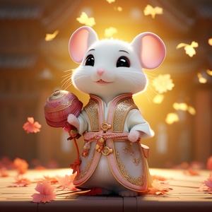 A little white rat in a soft Chinese Tang Dynasty Chinese costume, super cute, cinematic lighting, intricate filigree design, Pixar style, anthropomorphic, holding a pink lantern, big eyes, smile, peach blossom, flow, charming, immortal, fluffy, shiny bristles, ptals, fairy tale, unreal engine 5 and octane rendering, incredibly detailed, 4K, trending in art station, gorgeous, Super wide angle, 4K ar 10:16 test video upbeta