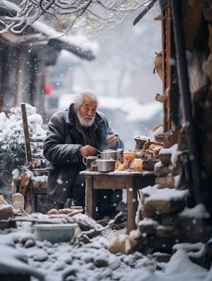 大雪，大地一片雪白，火炉，热气腾腾的茶，果盘，烟火气，老头，老太，为炉而坐，幸福快乐，最平凡的浪漫，大面积留白，极简，超广角，超高清，最浪漫事就是陪你一起变老，摄影纪实，大师杰作，写实，精致传统