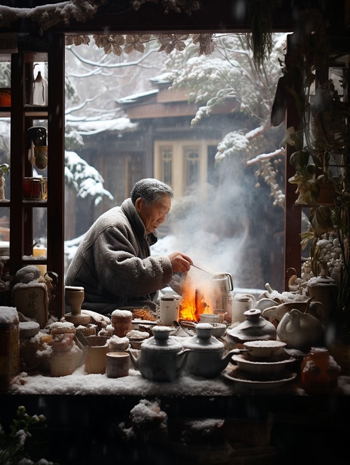 大雪，大地一片雪白，火炉，热气腾腾的茶，果盘，烟火气，老头，老太，为炉而坐，幸福快乐，最平凡的浪漫，大面积留白，极简，超广角，超高清，最浪漫事就是陪你一起变老，摄影纪实，大师杰作，写实，精致传统