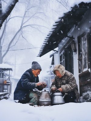 大雪，大地一片雪白，远处白茫茫，屋内小火炉，热气腾腾的茶，果盘，烟火气，两位老人（老夫妻），围炉而坐，幸福快乐，最平凡的浪漫，最浪漫事就是陪你一起变老，摄影纪实，大师杰作，写实，精致传统，大面积留白，极简，简约风格，超广角，超高清，