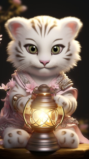 A little white tiger in a soft Chinese Tang Dynasty Chinese costume, super cute, cinematic lighting, intricate filigree design, Pixar style, anthropomorphic, holding a pink lantern, big eyes, smile, peach blossom, flow, charming, immortal, fluffy, shiny bristles, ptals, fairy tale, unreal engine 5 and octane rendering, incredibly detailed, 4K, trending in art station, gorgeous, Super wide angle, 4K ar 10:16 test video upbeta