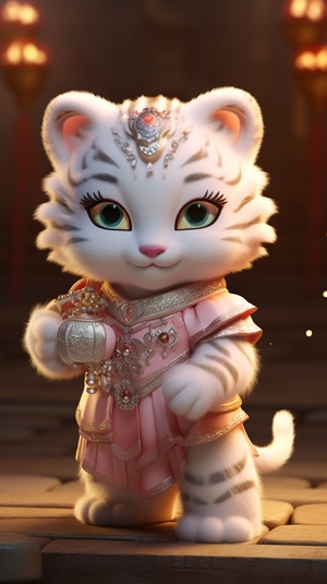 A little white tiger in a soft Chinese Tang Dynasty Chinese costume, super cute, cinematic lighting, intricate filigree design, Pixar style, anthropomorphic, holding a pink lantern, big eyes, smile, peach blossom, flow, charming, immortal, fluffy, shiny bristles, ptals, fairy tale, unreal engine 5 and octane rendering, incredibly detailed, 4K, trending in art station, gorgeous, Super wide angle, 4K ar 10:16 test video upbeta