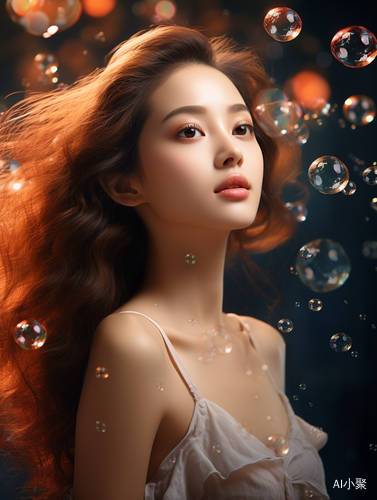 woman in surreal 8K CG with bubbles.