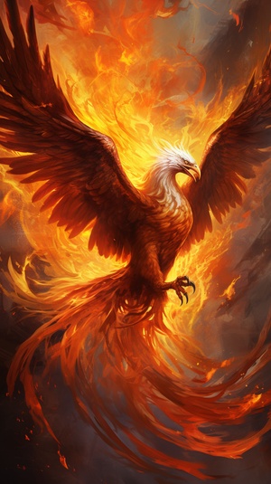 Majestic Phoenix, mythical creature, concept art, fiery aura, majestic, highly detailed, smoke, cinematic lighting, radiant, fantasy, swirling fire, glowing