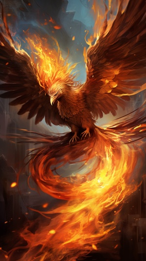 Majestic Phoenix, mythical creature, concept art, fiery aura, majestic, highly detailed, smoke, cinematic lighting, radiant, fantasy, swirling fire, glowing