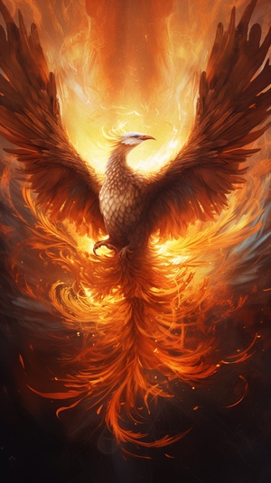 Majestic Phoenix, mythical creature, concept art, fiery aura, majestic, highly detailed, smoke, cinematic lighting, radiant, fantasy, swirling fire, glowing