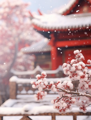 Unreal Engine, aesthetic atmosphere, snow, snow, virtual art, extreme close-up, creative composition, minimalist style, Snowy day, red wall of the Chinese Palace, plum tree on a red wall, covered in snow, blurred foreground, soft contrast, realism, color layers, depth of field, high quality, hyperfine detail, ar 3:4 s 750