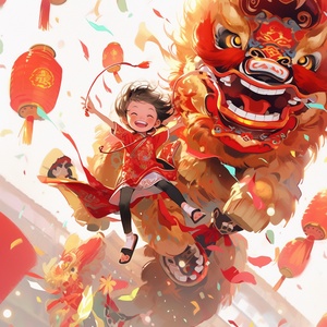 A little Chinese boy is jumping a lion, with a lifelike lion head surrounded by a large red lantern and firecrackers Red Chinese elements, ribbons, fantasies, and a sense of fairyland. Bright colors, sharp contrast, and highsaturation., 8K resolution, high detail, ultra-high definition image