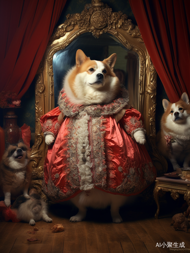 胖柯基犬穿滑稽服装站在镜前以精心设计风格