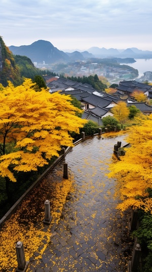 金黄色的银杏树，秋天，雨后，远处青山，潮湿青石板路，徽派江南老宅，金黄色的银杏开满树， 红色枫树，金色的银杏树，地面有真实清晰的落叶，山顶向下的拍摄视角，高清画质，相机拍摄效果