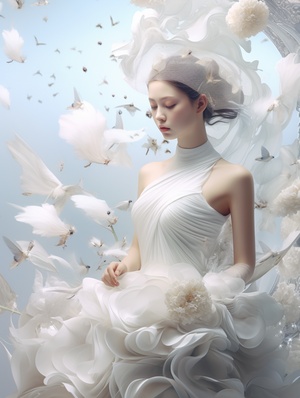 Asian-inspired ethereal artist in a white dress with flower