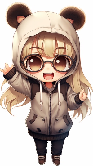 1girl, :d, ^^^, ahoge, animal_hood, bangs, chibi, dancing, hood, hood_up, long_hair, long_sleeves, notice_lines, open_mouth, parody, smile, solo, standing, sunglasses, virtual_youtuber, 古风小女孩