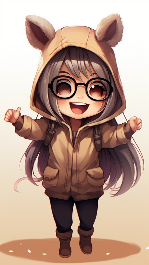 1girl, :d, ^^^, ahoge, animal_hood, bangs, chibi, dancing, hood, hood_up, long_hair, long_sleeves, notice_lines, open_mouth, parody, smile, solo, standing, sunglasses, virtual_youtuber, 古风小女孩