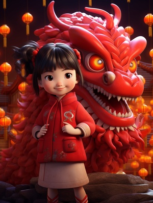 Lovely Chinese Dragon and Little Girl in 3D Style