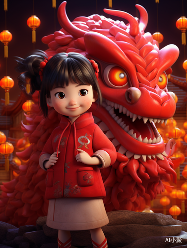 Lovely Chinese Dragon and Little Girl in 3D Style