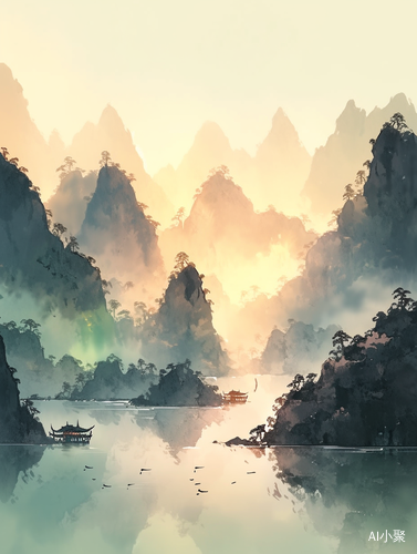 远山江面，夕阳胜景，中国山水画插画超高清