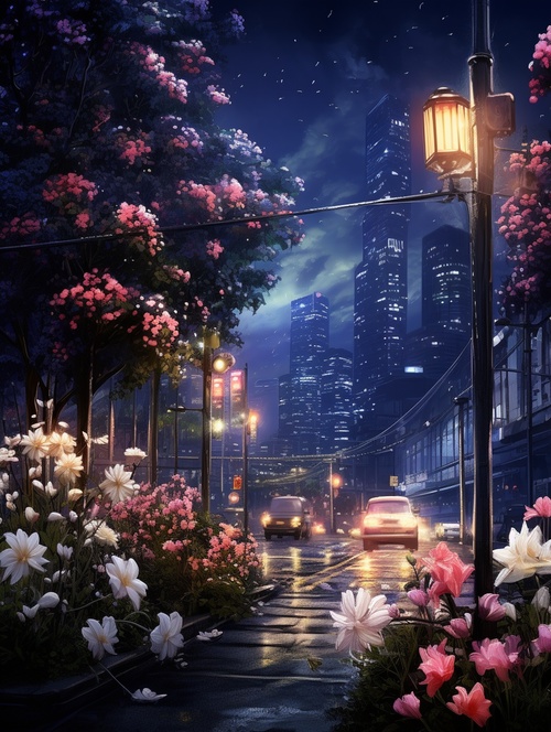 夜晚的道路两旁是鲜花和灯柱，现实而浪漫，城市景观，有车停在旁边，远处隐隐看到高楼，相机实拍效果