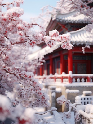 Unreal Engine, aesthetic atmosphere, snow, snow, virtual art, extreme close-up, creative composition, minimalist style, Snowy day, red wall of the Chinese Palace, plum tree on a red wall, covered in snow, blurred foreground, soft contrast, realism, color layers, depth of field, high quality, hyperfine detail, ar 3:4 s 750