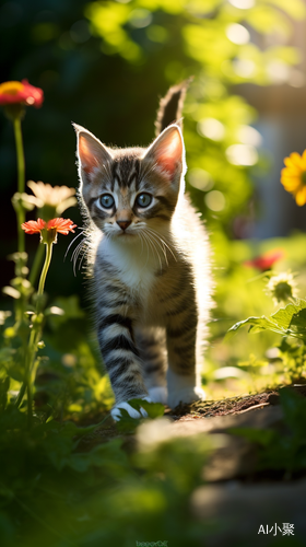 阳光明媚的花园中活泼可爱的小猫咪