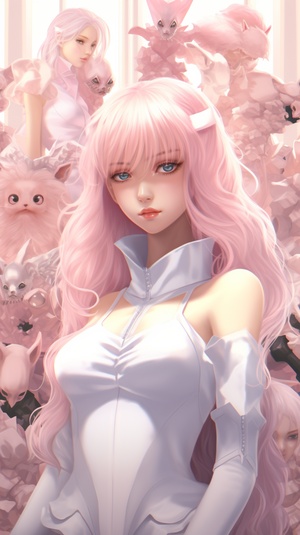 a set of anime characters on a screen, in the style of xiaofei yue, light pink and white, sparklecore, high-contrast shading, dollcore, unicorncore