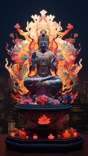 The thousand hand Avalokitesvara Bodhisattva in the Chinese skyline is lit up with colorful lights, in the style of a dynamic matte ceramic sculpture, stipplist optical illusion, sunlight shining on it, online sculpture, Ricoh R1, camera tossing, flowing linear 57:128