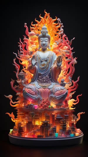 The thousand hand Avalokitesvara Bodhisattva in the Chinese skyline is lit up with colorful lights, in the style of a dynamic matte ceramic sculpture, stipplist optical illusion, sunlight shining on it, online sculpture, Ricoh R1, camera tossing, flowing linear 57:128