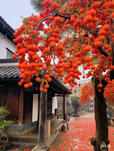 柿子树下的徽式建筑，红柿满树，8k超高清写真